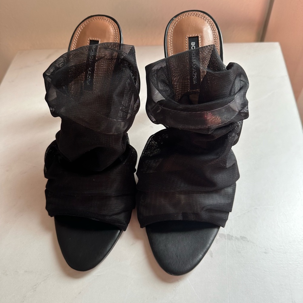 BCBGMAXAZRIA Sarani Black Ruched Mesh Heel Mule